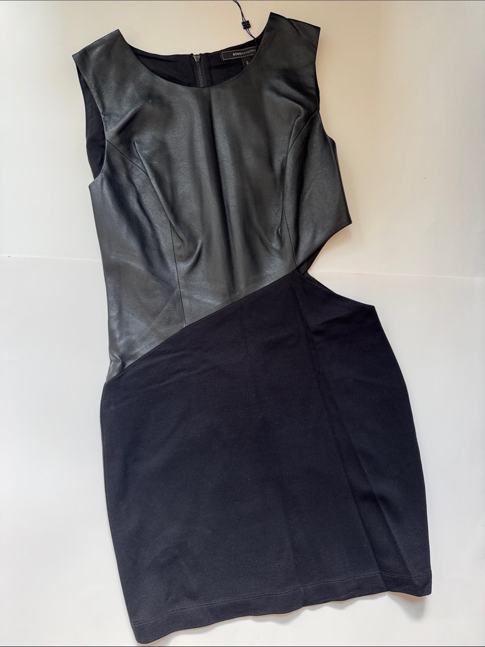 BCBGMaxAzria Black Asymmetrical Faux-Leather & Knit Cutout Dress- never worn